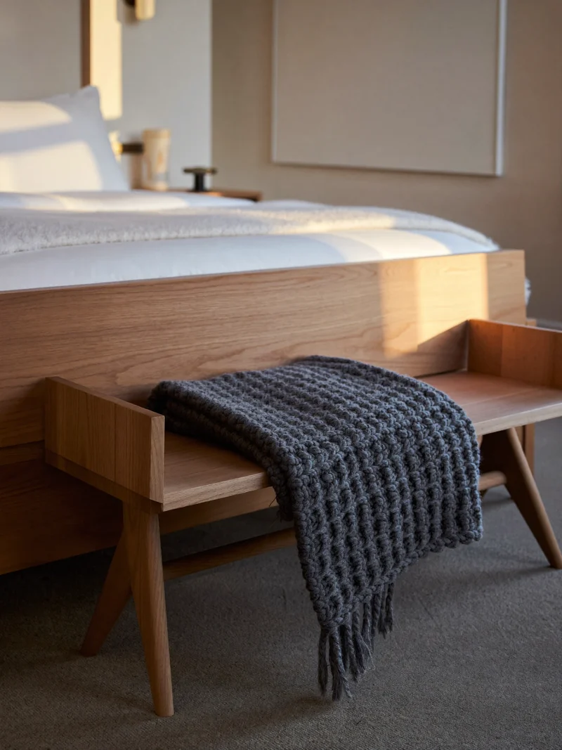 Plaid en maille chaude plié sur un banc en bois au pied du lit