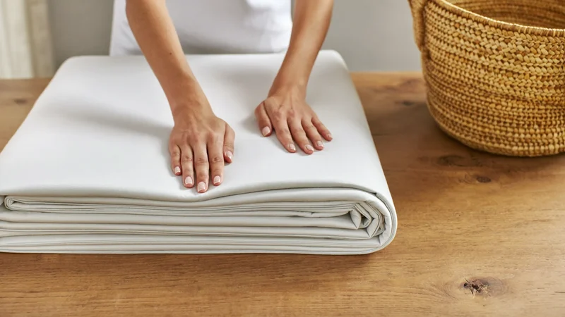 Mains lissant et pliant un drap en coton propre près d'un panier en osier